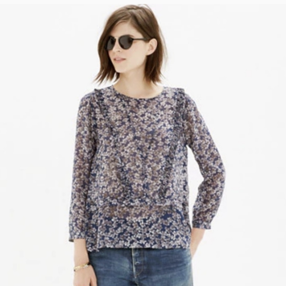 Madewell Silk Newsprint Floral Top In Blue Gray Size XS